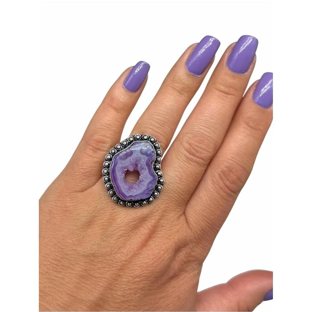 Purple Agate Ring Window Druzy Size 9 925 Sterling Silver Overlay